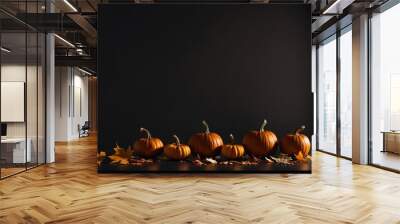 Halloween background with podium for display product, maple leaves, orange pumpkins on dark table. Wall mural