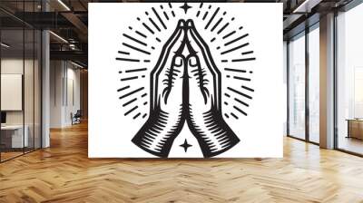 Hands folded in prayer. Vintage black engraving illustration. Monochrome vector icon. Isolated and cut out	 Wall mural