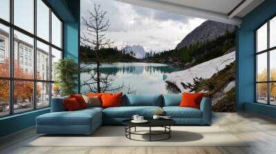 Lago di Sorapiss lake at summer after rain. Amazing mountains landscape. Blue water in mountains lake  Wall mural