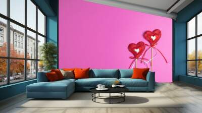 Valentines Day greeting card with two handmade hearts on pink surface Wall mural