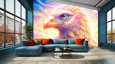 Majestic eagle with ethereal rainbow plumage gazing intensely against mystical sky Wall mural