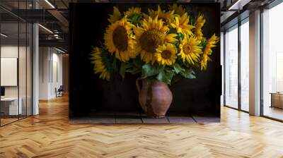 beautiful yellow Sunflower still life bouquet  in a clay jug ceramic rustic style oil honey Dark photo background wooden table Vintage. Retro. low key Autumn flowers. Wall mural