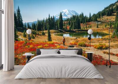 Woman is hiking on Naches Peak Loop Trail, autumn colors in Mt. Rainier National Park	
 Wall mural