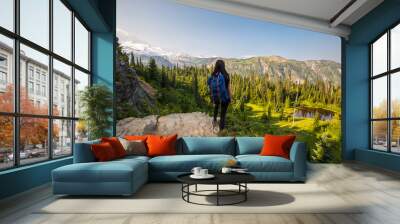 Young Hiker hiking along Bench and Snow Lake trail in Mount Rainier National Park, Lewis County, Washington Wall mural