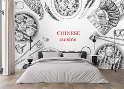 Chinese Restaurant Menu. Hand-drawn illustration of dishes and products. Ink. Vector Wall mural