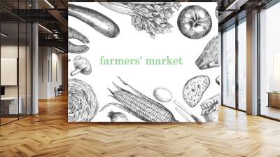 Farmers' Market. Hand-drawn illustration of Food. Ink. Vector Wall mural