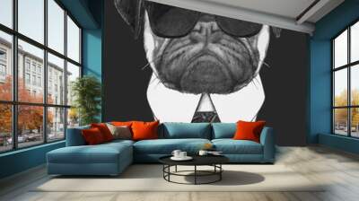 Hand drawn fashion Illustration of Pug Dog with sunglasses. Vector isolated elements. Wall mural