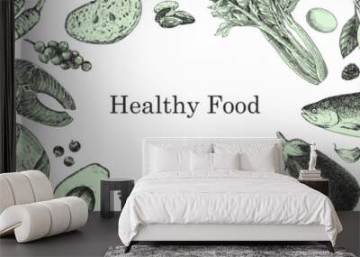 Healthy Food. Hand-drawn illustration of Food. Ink. Vector Wall mural