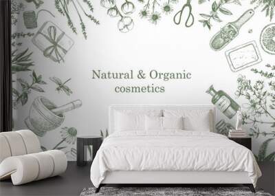 Natural and Organic Cosmetic. Herbs. Hand-drawn illustration of plants and objects. Ink. Vector Wall mural