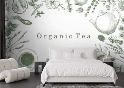 Organic Tea. Hand-drawn illustration of plants and objects. Ink. Vector Wall mural