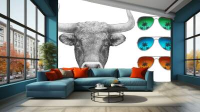 Portrait of Bull with mirror sunglasses. Hand-drawn illustration. Wall mural