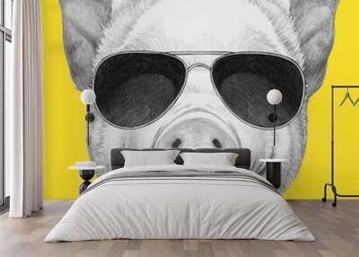 Portrait of Piggy with sunglasses. Hand drawn illustration. Wall mural