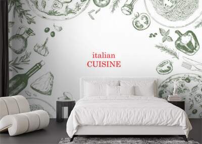 Traditional Italian cuisine. Hand-drawn illustration of Italian traditional dishes and products. Ink. Vector Wall mural