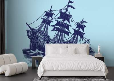 Old ship sinking during a storm. Vintage retro engraving illustration. Black icon, isolated element Wall mural