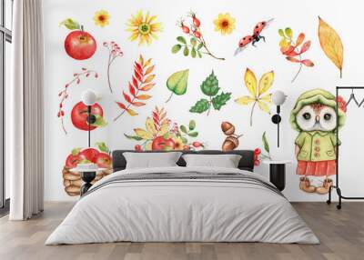 cute autumn kids clipart. little owl, baskets, fall leaves, flowers and red apples. watercolor hand  Wall mural