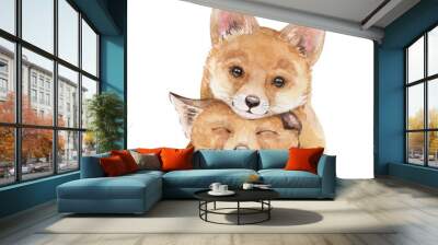 Watercolor baby foxes isolated on white background. Cute woodland animals hand-painted illustration. Kids design Wall mural