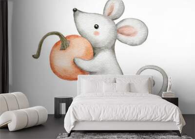 Watercolor mouse with pumpkin illustration. Cute cartoon character. White background. Hand drawn art. Halloween party decoration Wall mural