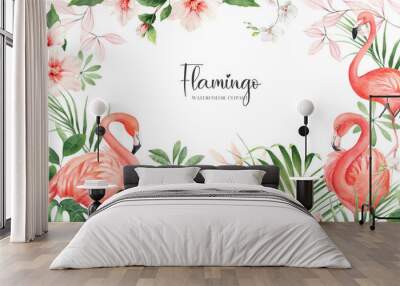 Watercolor tropical illustration with pink flamingos and palm leaves. Hand painted birds, exotic flowers and greenery isolated on white background. Jungle florals for design, print, invitations, cards Wall mural