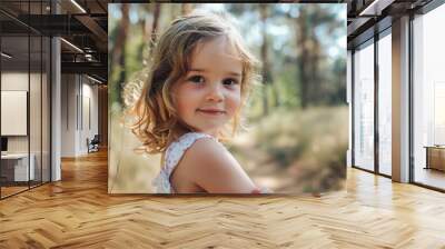 Portrait of beautiful young little girl wearing summer dress walking in sunny day at the forest Wall mural