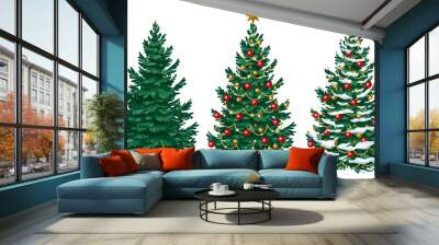 Set of Christmas trees. Christmas tree without decorations, with decorations and with snow. Vector new year image isolated on white background. Wall mural