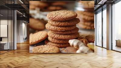 Delicious ginger biscuits with ginger on wooden table, closeup Wall mural