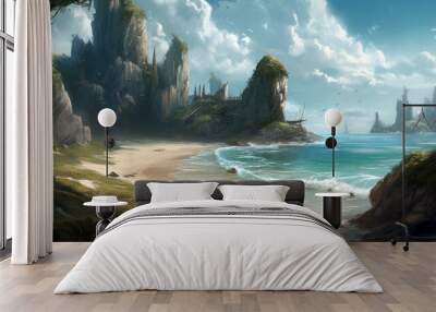 Fantasy landscape with mountains, ocean and blue sky Wall mural