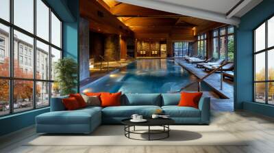 Indoor Swimming pool in a luxury villa, modern design with soft lighting and comfortable loungers Wall mural