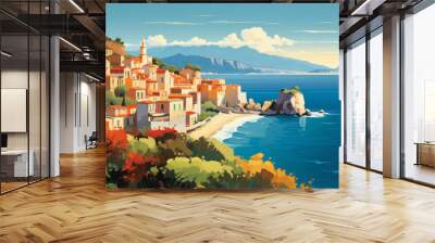 vintage tourism poster style landscape of a coastal resort on the mediterranean Wall mural