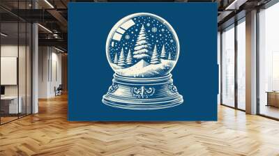 Snow globe. vintage retro hand drawn vector, engraving emblem, print on a blue background, icon, cut out Wall mural