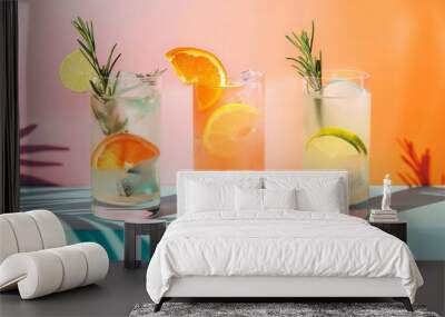 Summer cocktails with fresh citrus fruits and rosemary against blue wall with palm shadow. Hard seltzer, lemonade, refreshing drinks, low alcohol mocktails, summer party concept. Shadow and sunlight Wall mural