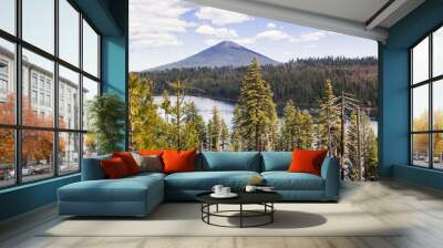 Suttle Lake landscape view from above. Mountain and hills covered by pine forest on a background Central Oregon, USA Wall mural