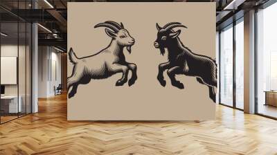 The little goat is jumping. White and black kid jumping and cheering. Beautiful vintage engraving vector illustration. Black outline Wall mural