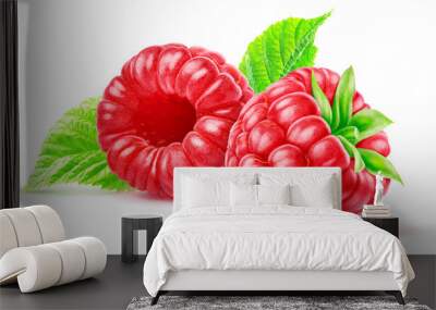 Two red raspberries isolated on white background with clipping path Wall mural