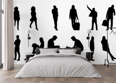 Vector illustration, Outline silhouettes of people, Contour drawing, people silhouette, Icon Set Isolated , Silhouette of sitting people, Architectural set	 Wall mural