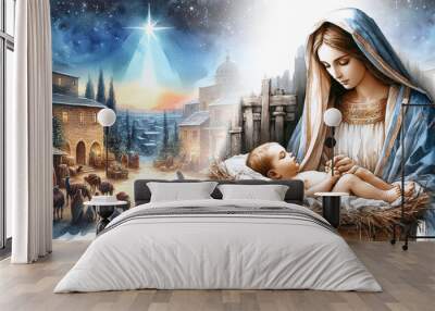 Virgin Mary and newborn baby Jesus in a manger. Bethlehem, Christmas. Watercolor illustration Wall mural