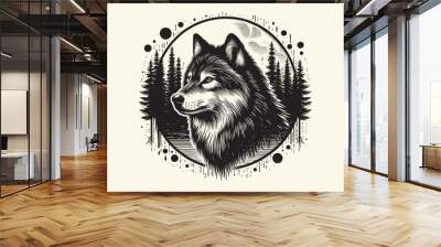 Wolf head against the background of the forest. Black balaya grunge isolated vector illustration, tattoo, sketch, print, emblem Wall mural