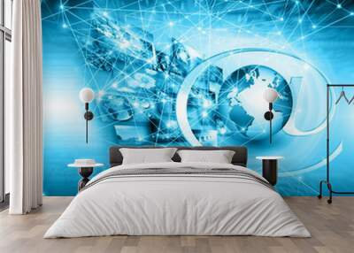 World map on a technological background, glowing lines symbols Wall mural