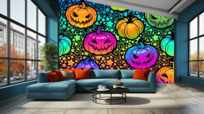 bright rainbow halloween pattern with pumpkins on stars background Wall mural