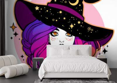 cute young witch with beautiful iridescent hair Wall mural