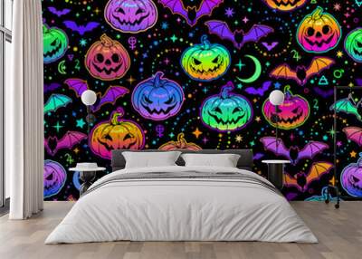 seamless pattern of bright multicolored haloween pumpkins and bats Wall mural