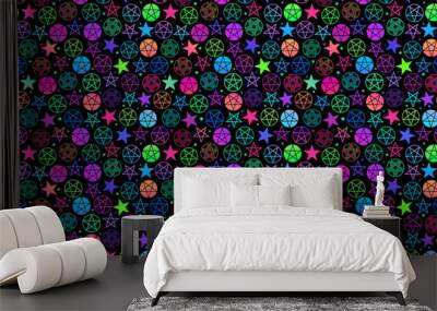 seamless pattern of neon pentagrams on black background Wall mural