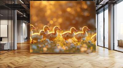 Easter chickens walking on the grass in nature Easter background Wall mural