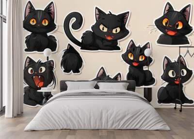 Eight black cat stickers with various expressions, including happy, angry, and surprised Wall mural