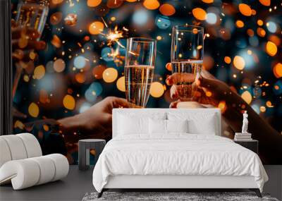 Guests raise their champagne glasses in celebration as colorful lights and sparks create a joyful atmosphere Wall mural