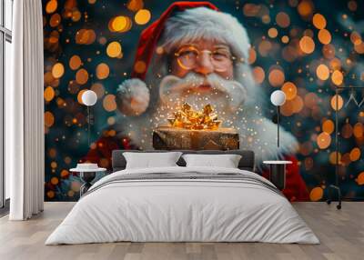 Santa Claus presents a gift with a cheerful smile, illuminated by twinkling lights and holiday spirit during the evening Wall mural