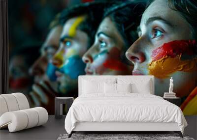 Contemplative sports fans with painted faces intently watching a match in a stadium. Wall mural