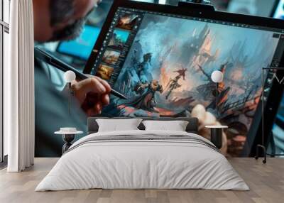 a close-up view of a digital artist drawing a detailed fantasy castle landscape on a graphic tablet. Wall mural