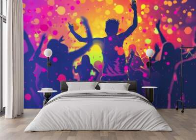 An energetic crowd of people with raised hands dancing at a party with colorful lights and confetti. Wall mural