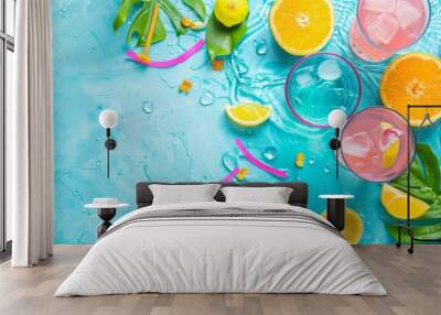 Refreshing summer beverages with lemon and orange slices, tropical leaves and straws, capturing the essence of summer. Wall mural