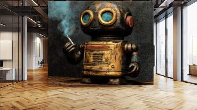 Retro robot holding lit cigarette with smoke rising against dark background, conveying a mix of vintage and modern elements Wall mural